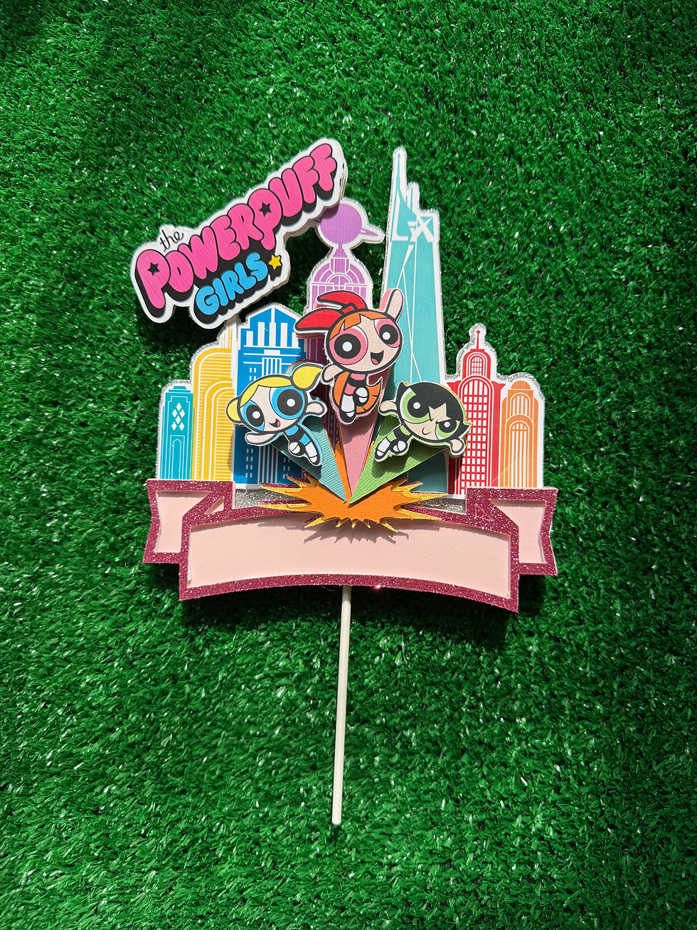 Thumbnail: Colorful Powerpuff Girls cake topper featuring Blossom, Bubbles, and Buttercup in their signature outfits, posed energeticall