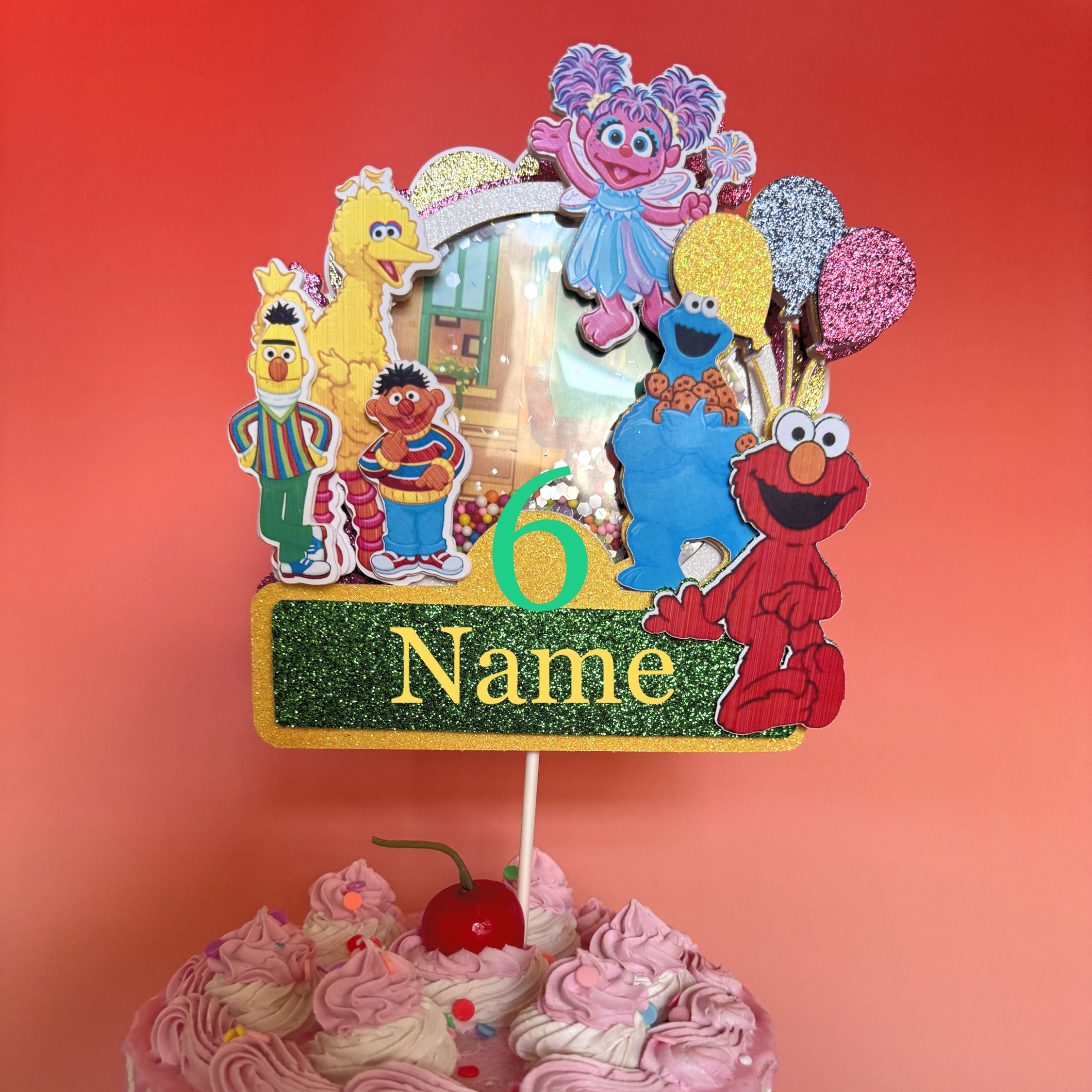 Sesame Street cake topper with Elmo, Big Bird, Cookie Monster, and Oscar the Grouch, set against a colorful backdrop and stre