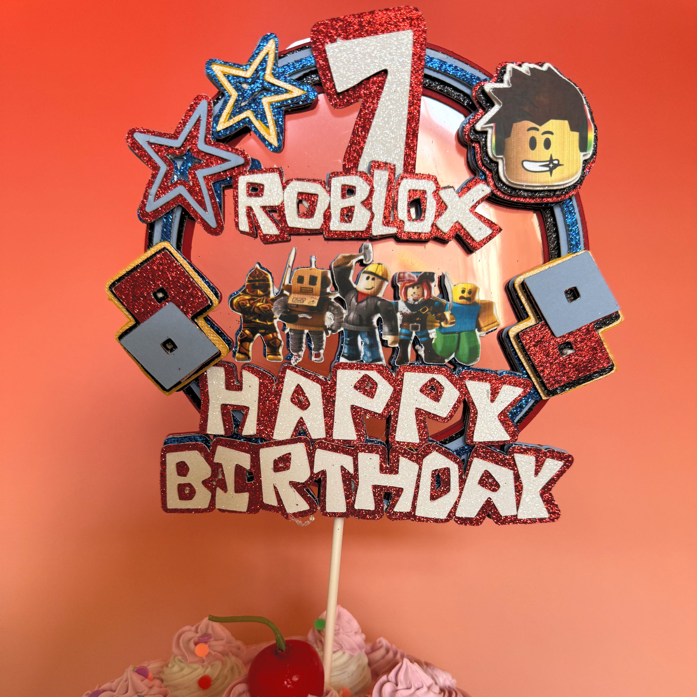 Roblox cake topper featuring popular Roblox characters, perfect for adding fun and excitement to any Roblox-themed birthday p