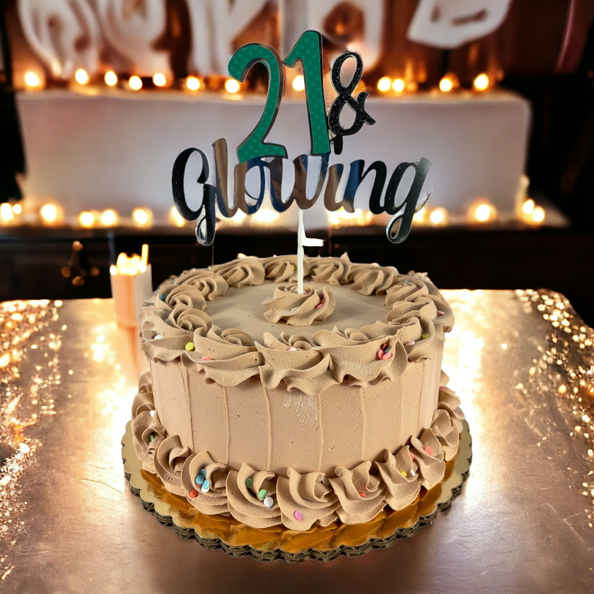 "Elegant 21st birthday cake topper with '21 and Glowing' text, adding a stylish and festive touch to the celebration."