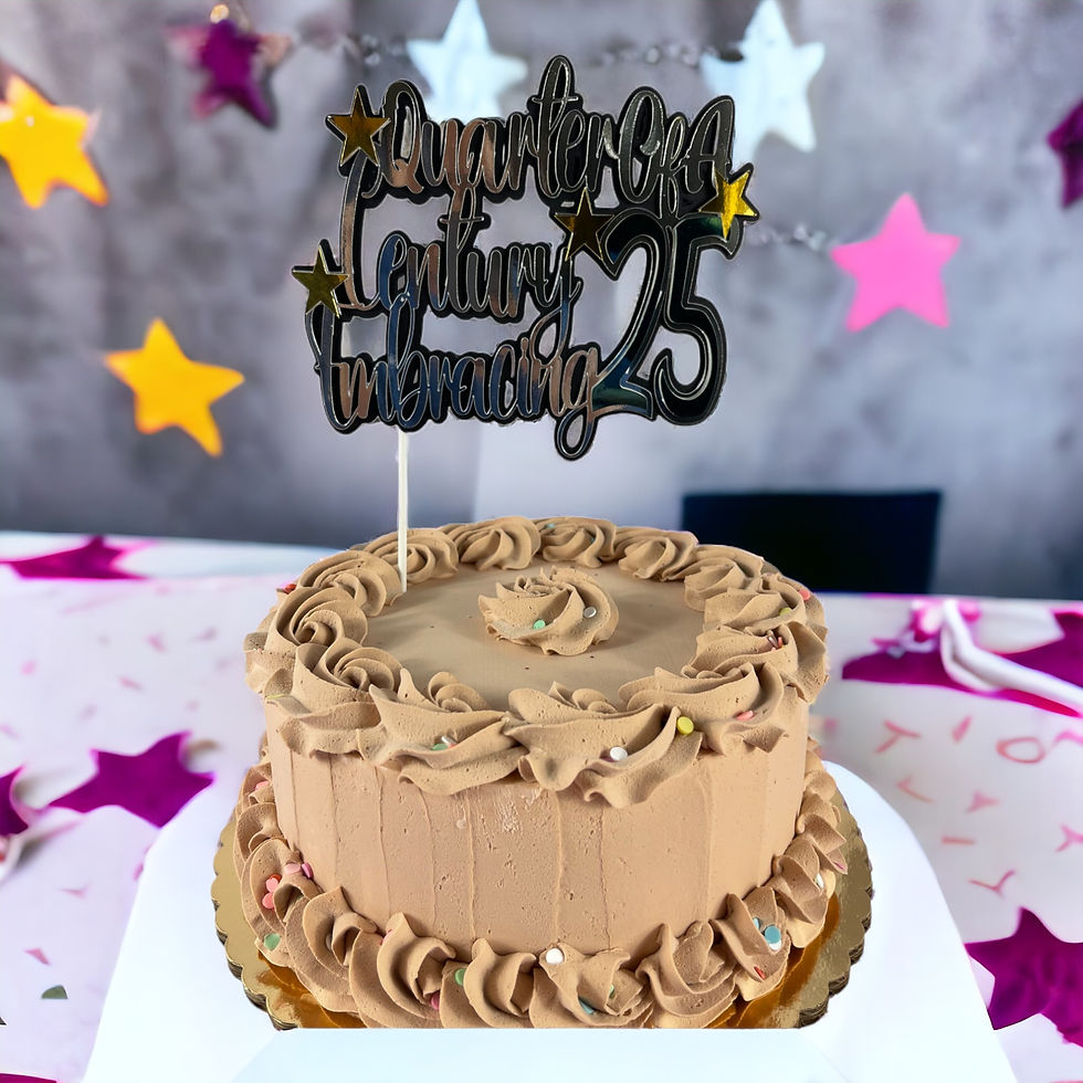 "Metallic 25th milestone birthday cake topper with 'Quarter to Century, Embracing 25' text, perfect for the celebration."