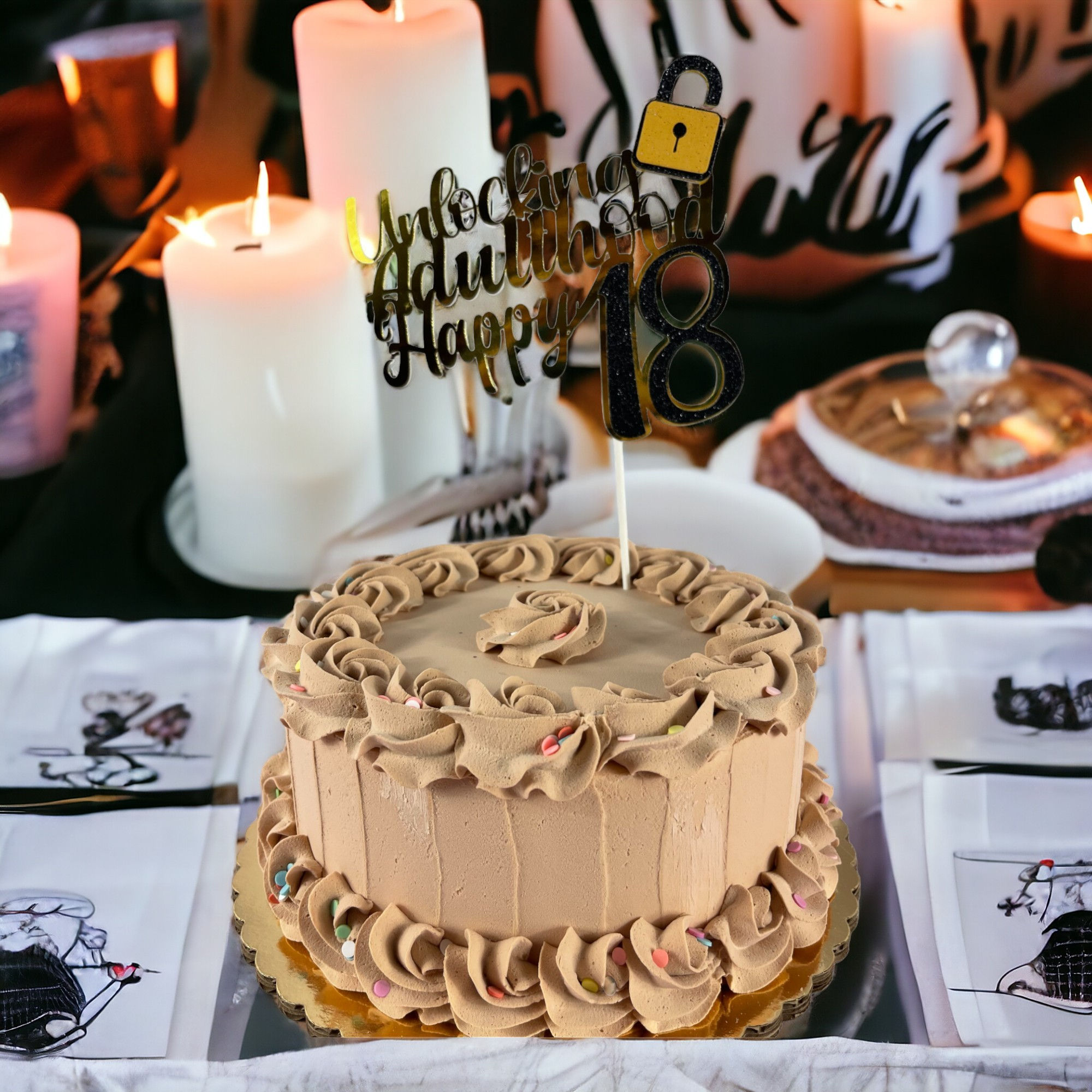 "Stylish metallic 18th birthday cake topper, perfect for adding a sparkling touch to celebrate this special milestone."