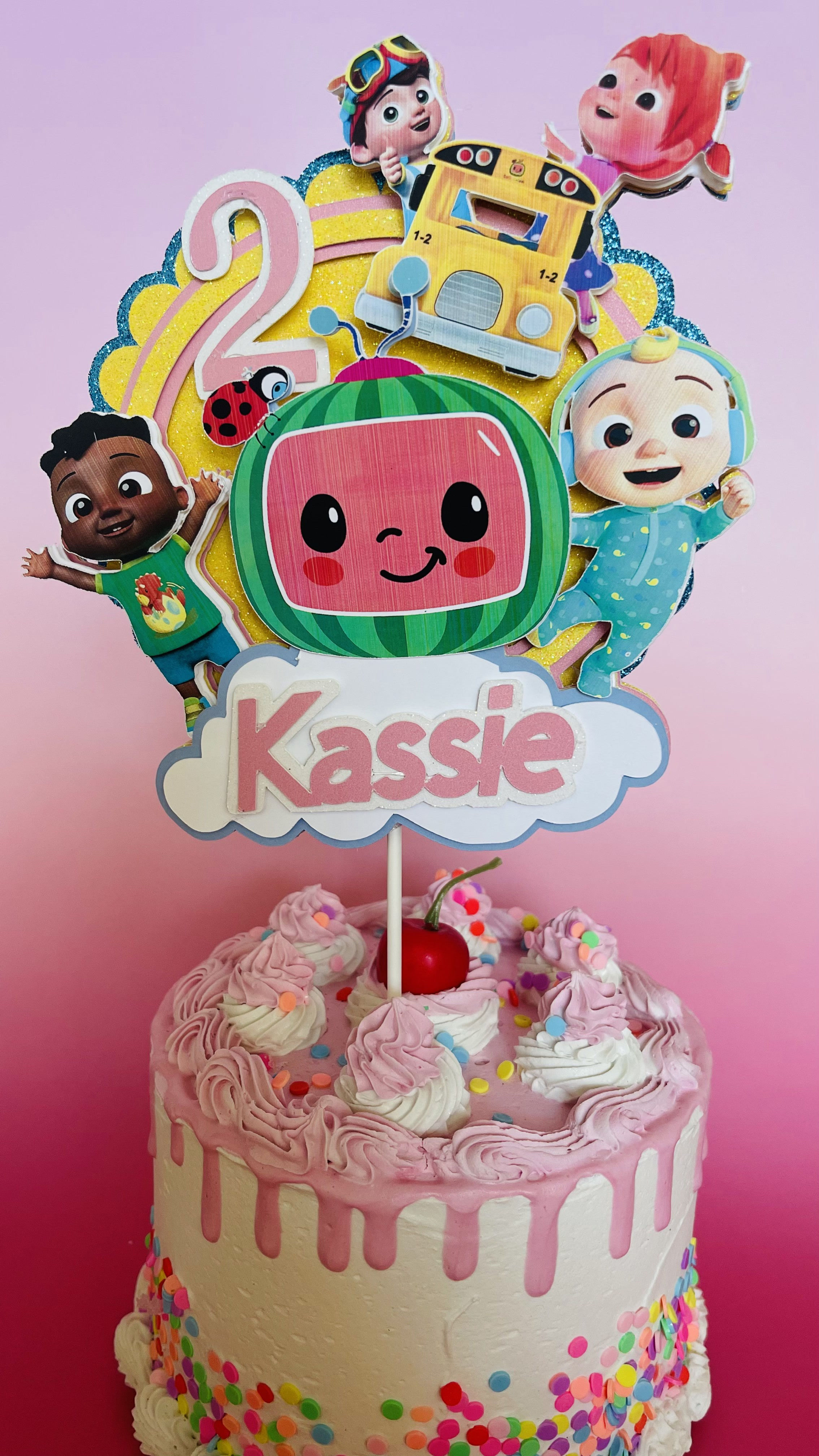 Cocomelon cake topper featuring JJ and his friends, with bright colors and cheerful design, perfect for a fun and vibrant bir