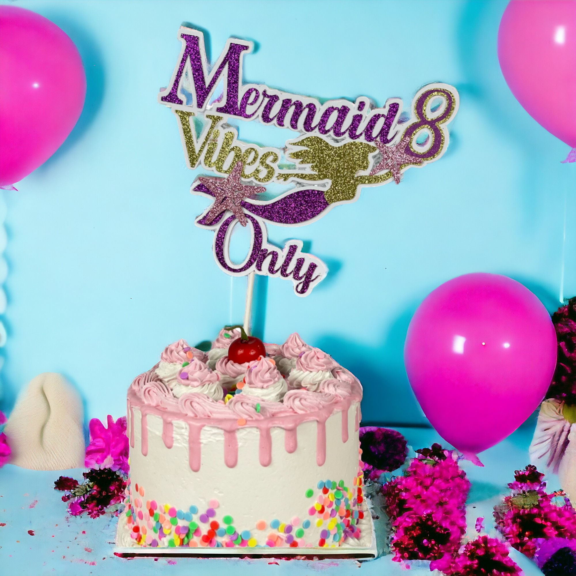 "Colorful mermaid-Themed cake topper with a shimmering tail, seashell accents, and 'Happy Birthday' text 8th Birthday