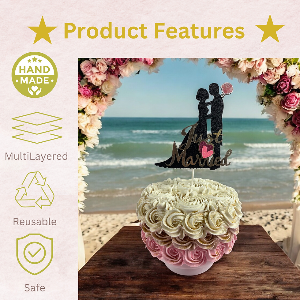 Thumbnail: Wedding cake topper featuring a silhouette of a bride and groom embracing, with 'Just Married' text, symbolizing newlywed lov