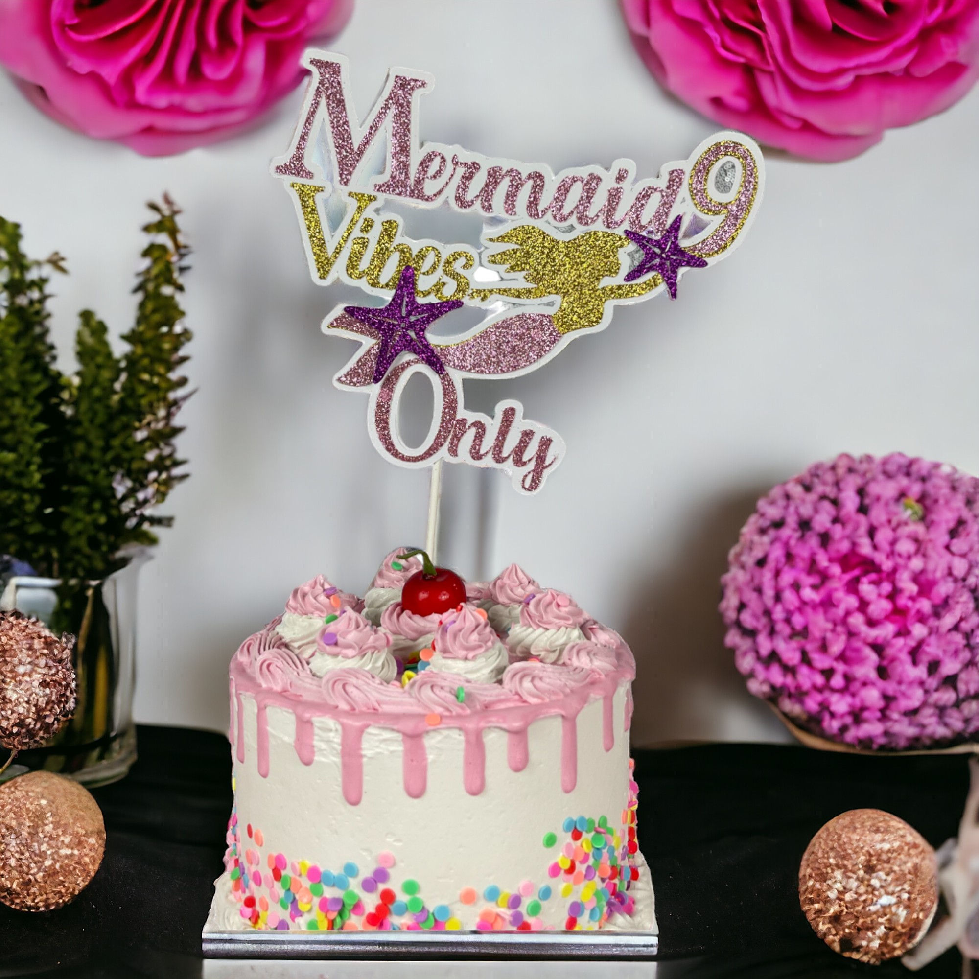 "Colorful mermaid-Themed cake topper with a shimmering tail, seashell accents, and 'Happy Birthday' text 9th Birthday