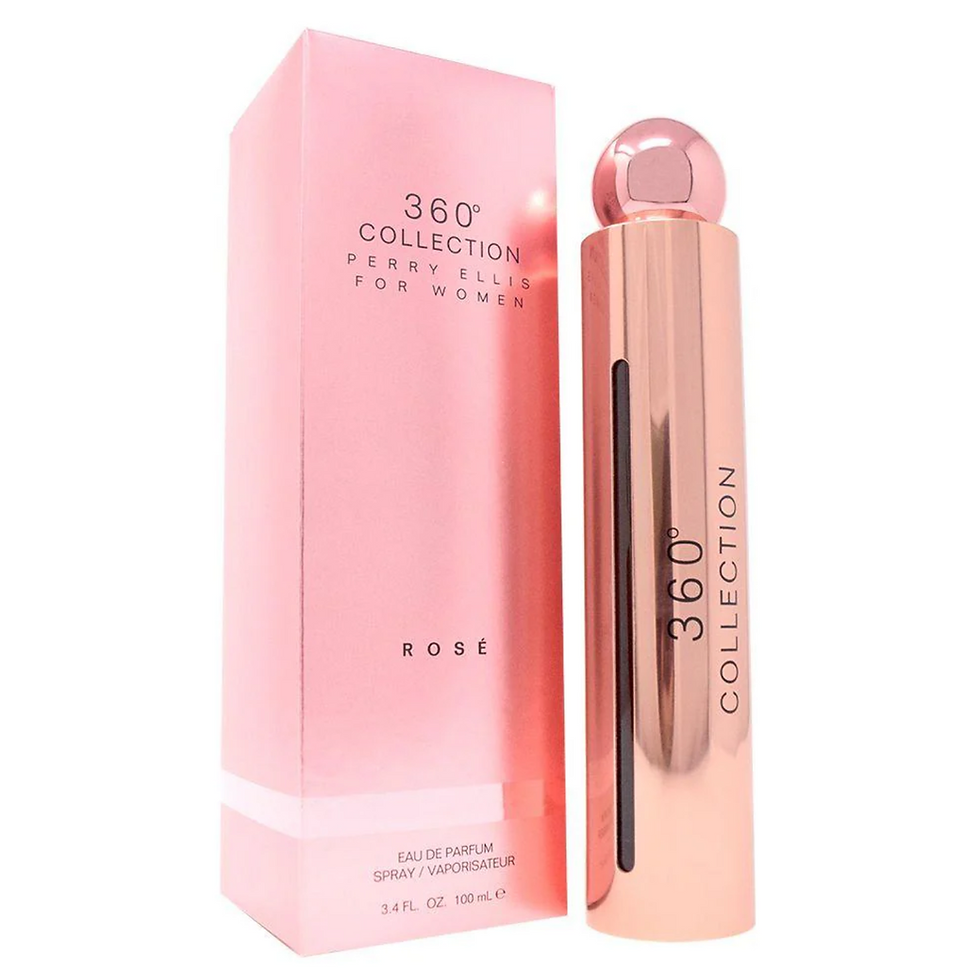 Botella de perfume Perry Ellis 360° Collection Rose 100 ml, texto en caja rosa