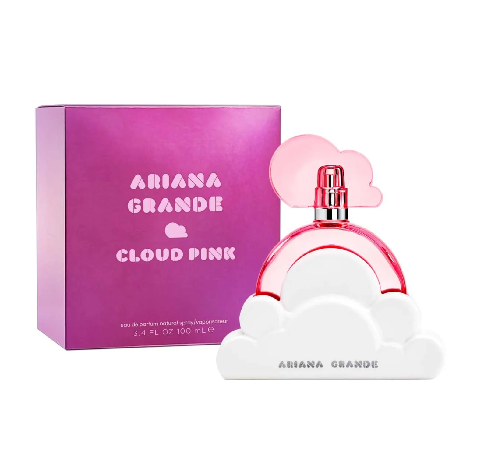 Ariana Grande Cloud Pink perfume bottle and box on white background.