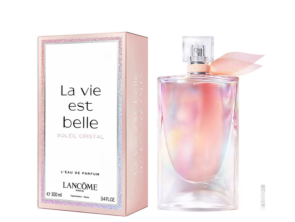 La Vie Est Belle Soleil Cristal perfume bottle and box with text LANCÔME.