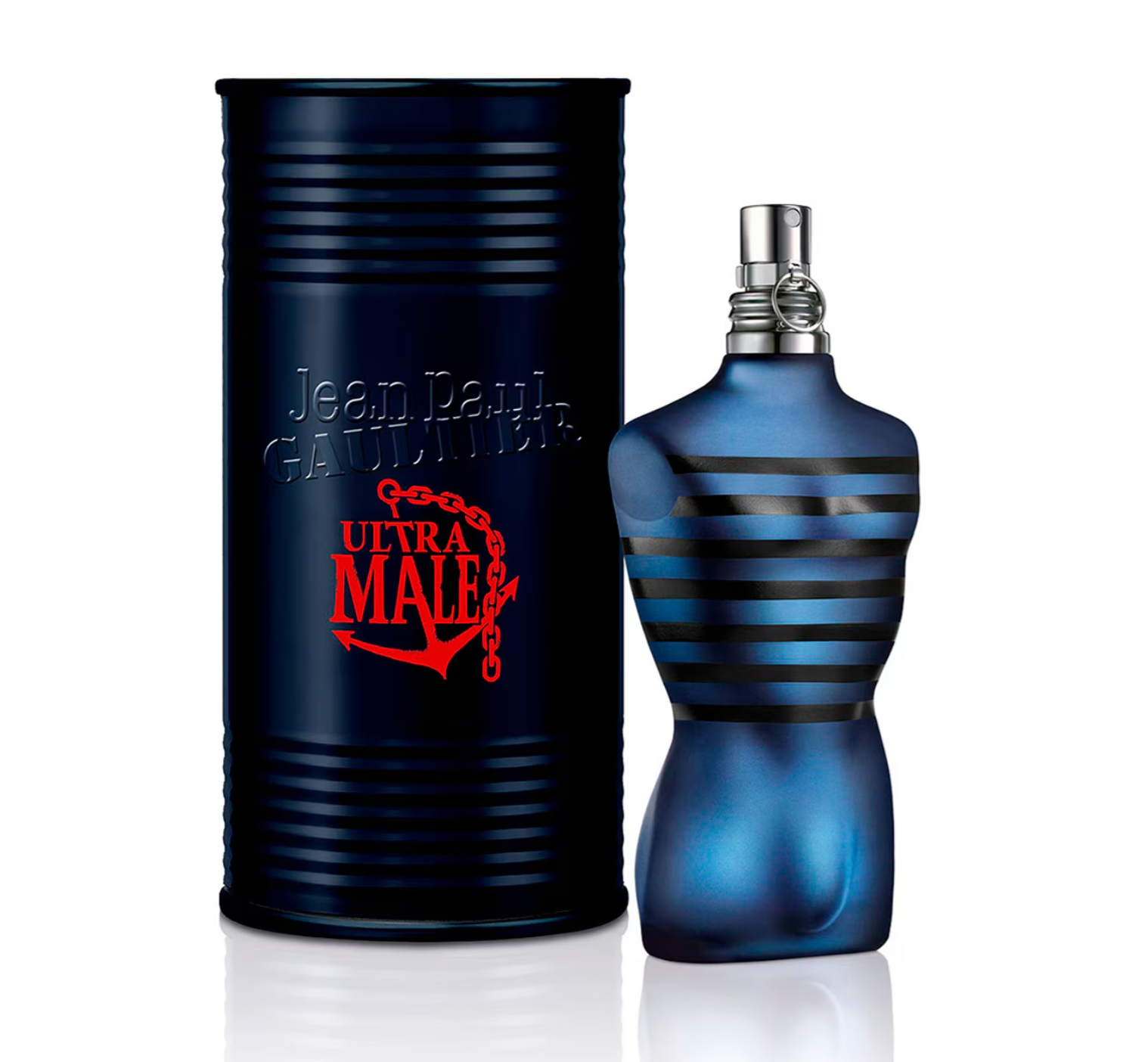 Jean Paul Gaultier Ultra Male perfume bottle, dark blue color, fragrance product.