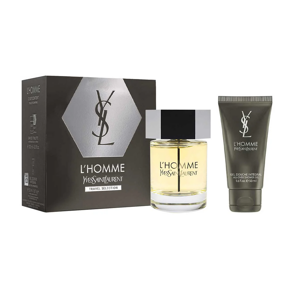 L'HOMME Yves Saint Laurent perfume set with gel and box on display.