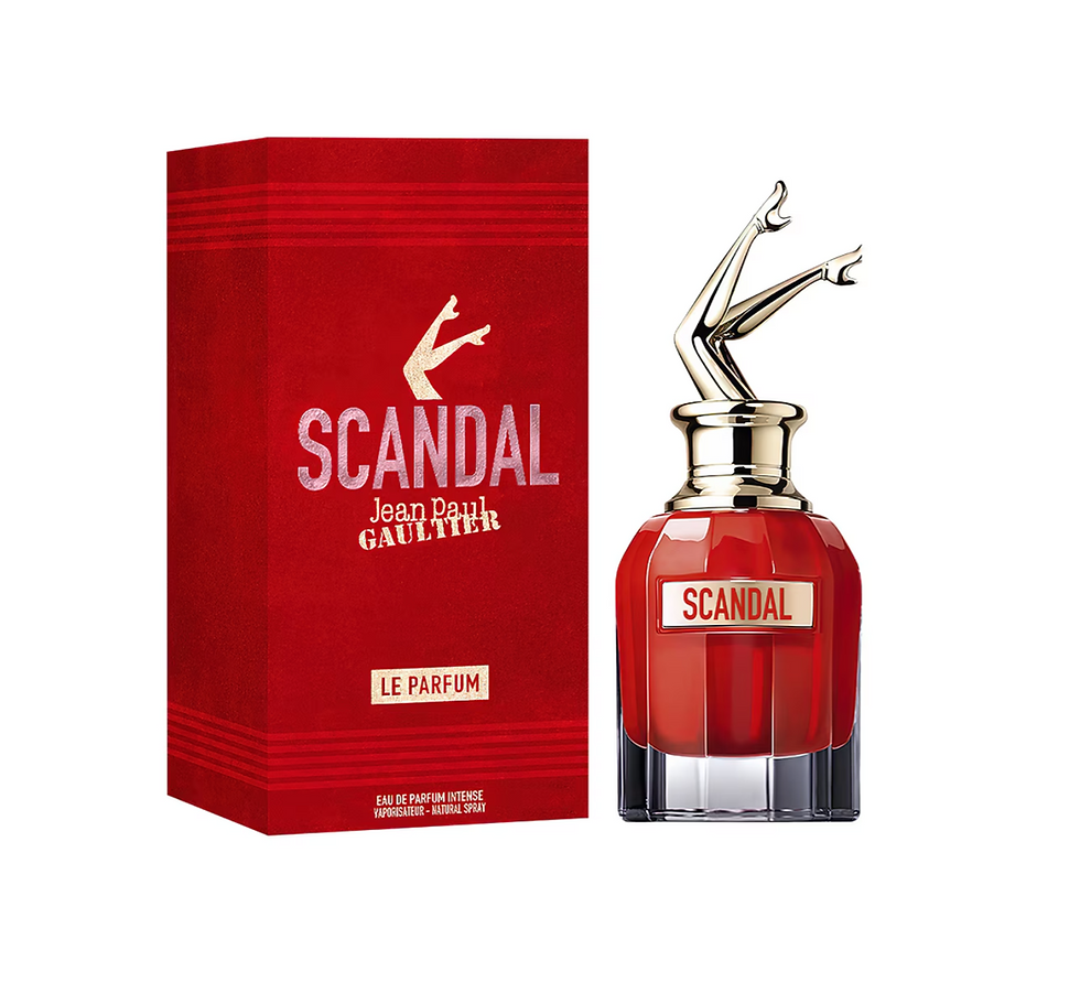 Perfume Scandal Jean Paul Gaultier, caja y botella rojas, Le Parfum eau de parfum.