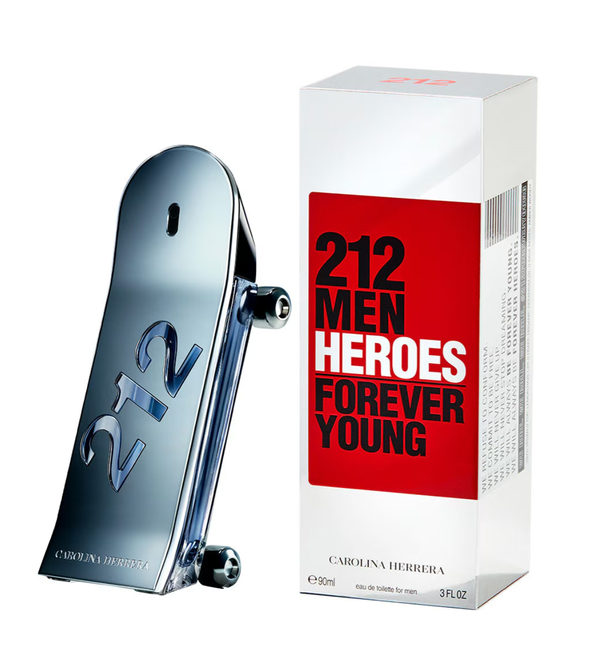 Botella de perfume 212 Men Heroes Forever Young con caja blanca y roja.