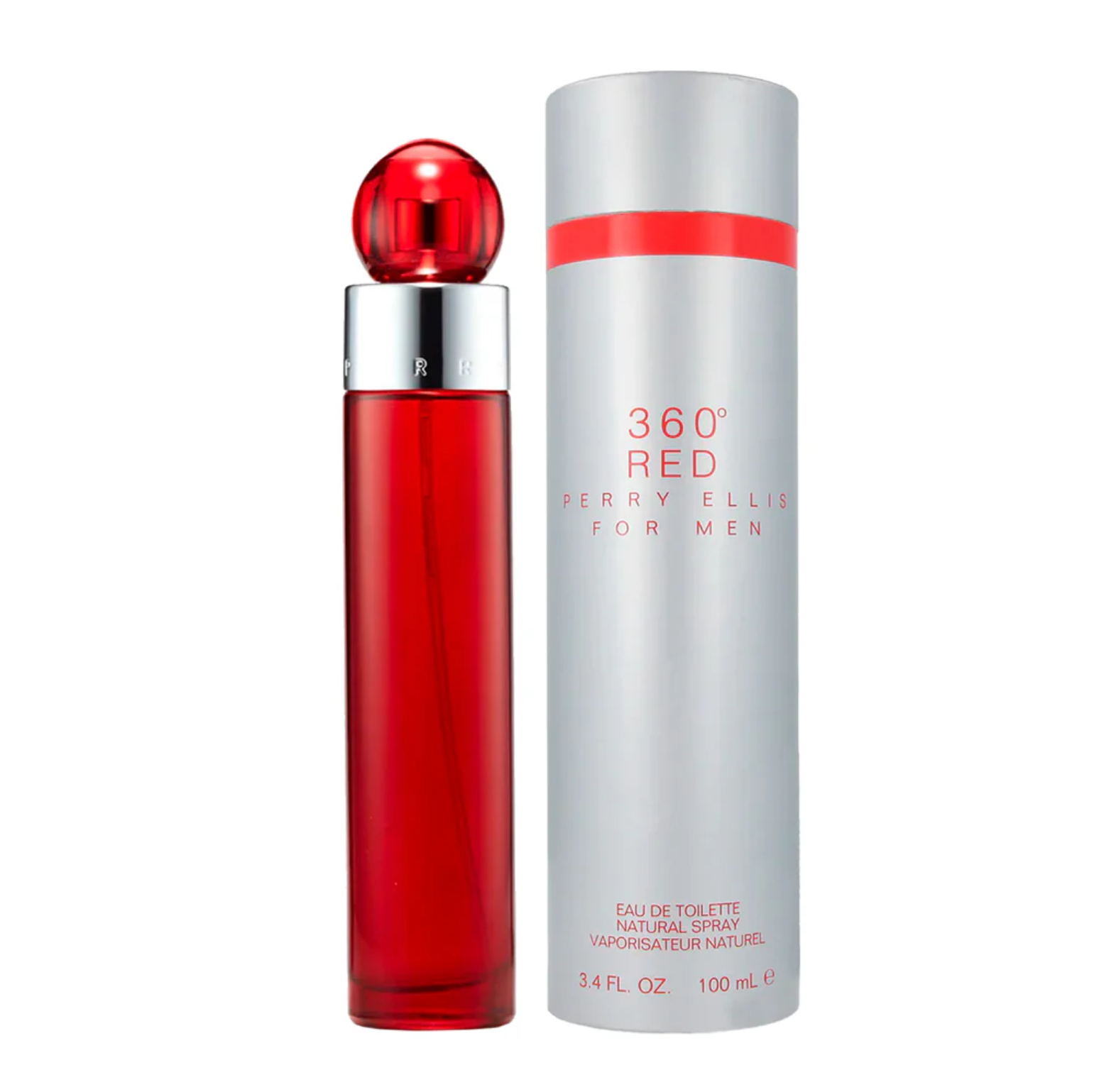 360° Red Perry Ellis for Men perfume bottle and packaging on white background.