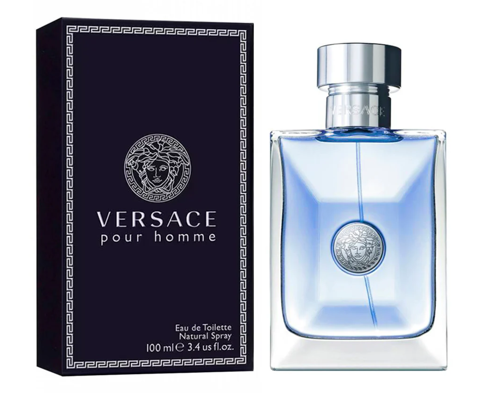 Versace Pour Homme perfume bottle and box with logo, blue background, 100 ml
