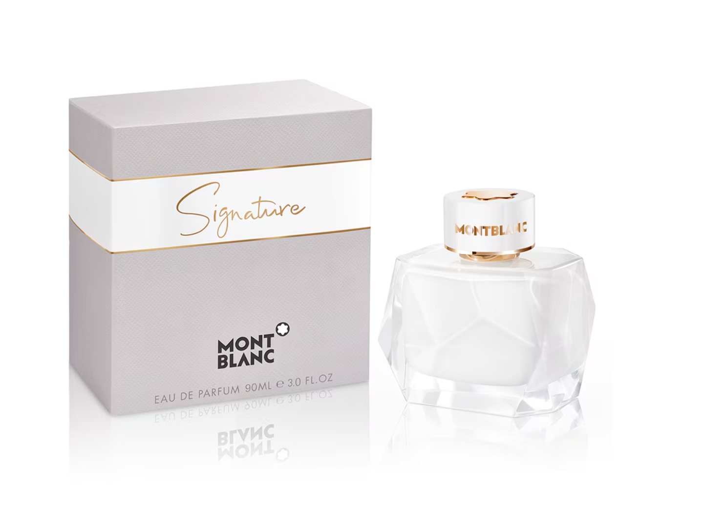 Montblanc Signature perfume bottle and packaging with text, Eau de Parfum 90ml.
