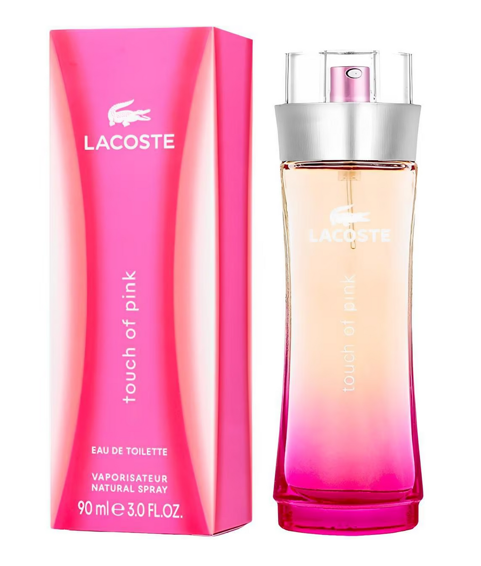 Perfume Lacoste Touch of Pink 90ml EDT – Dama, botella y caja rosas y blancas.