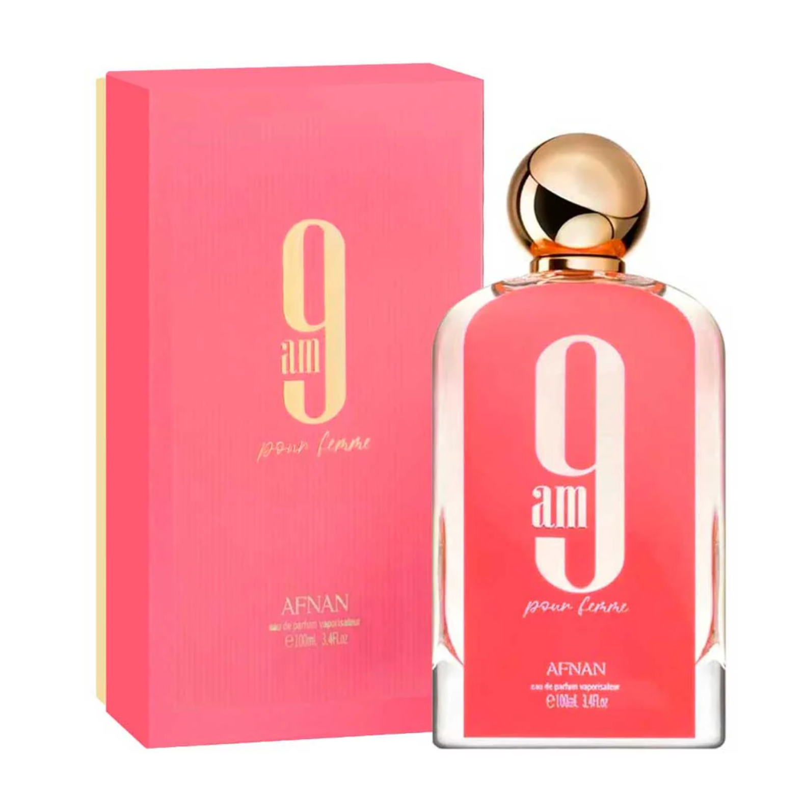 Botella de perfume rosa con texto 9 AM pour femme de la marca Afnan.