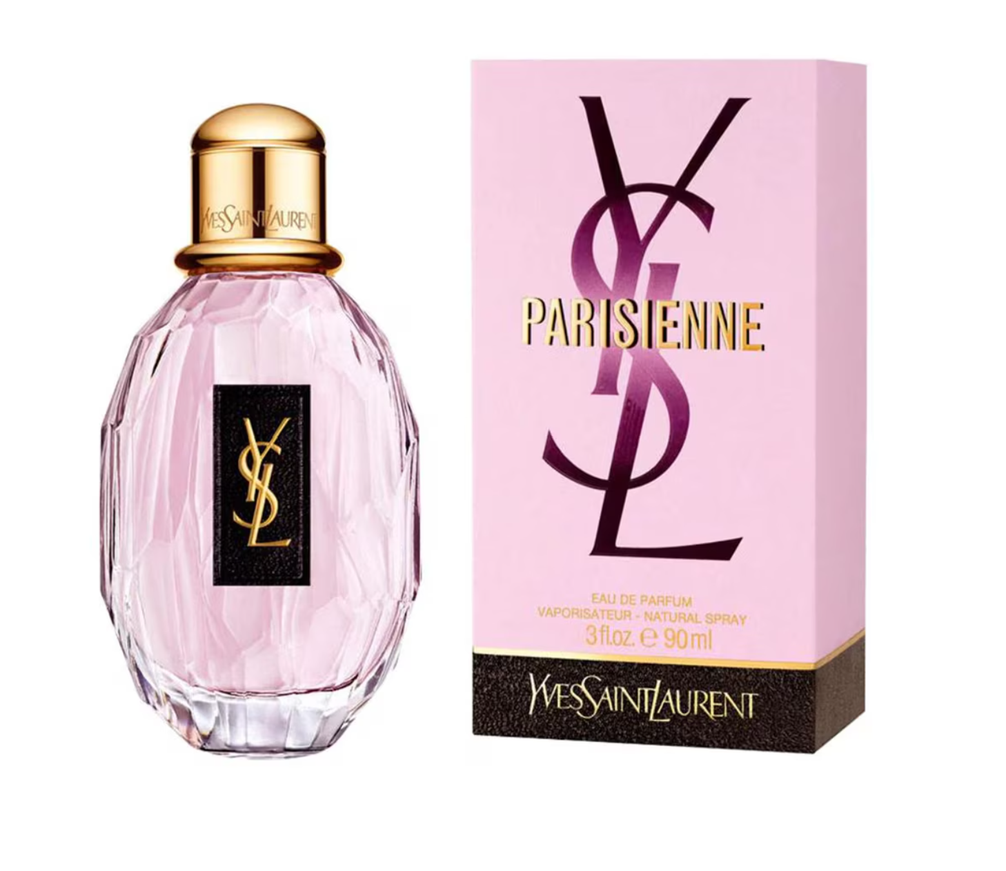 Frasco de perfume Yves Saint Laurent Parisienne, 3oz, fondo rosa, Agua De Calzón.