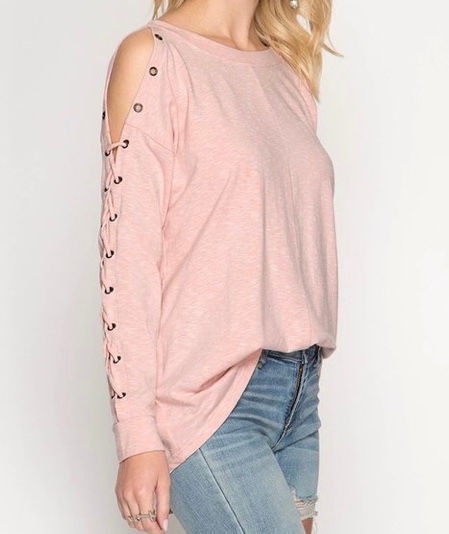 Thumbnail: Blush pink cold shoulder lace up sleeve 