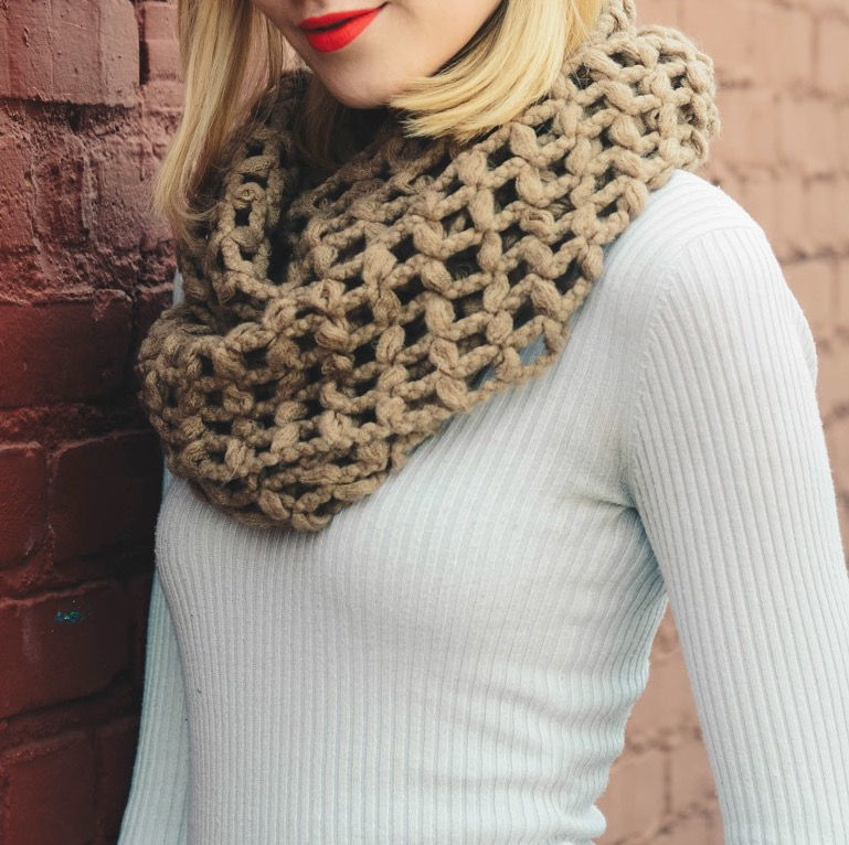 Thumbnail: Boho chunky knit net infinity scarf