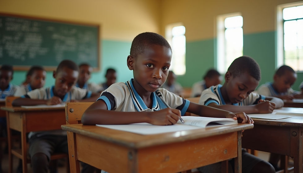 Classe africaine: un garçon au premier plan en tenue scolaire congolaire (chemise kaky et culotte bleue)
écrit à son pupitre, d'autres élèves travaillent, tableau noir au fond.