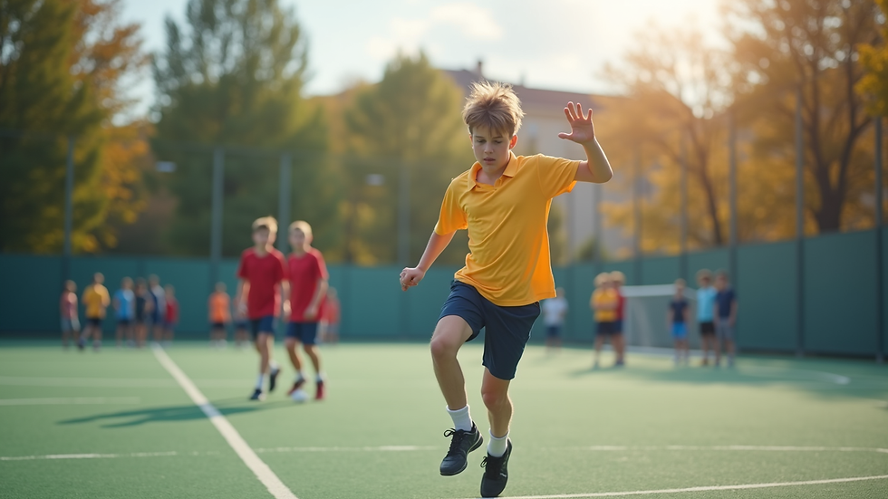 Vue rapprochée d’un terrain de sport scolaire avec des élèves en activité physique