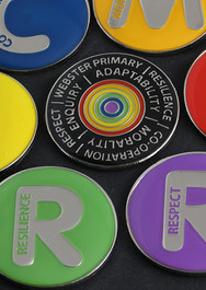 Set of seven pin badges