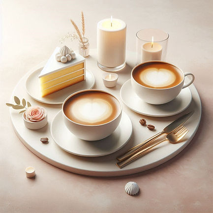 realistic illustration of two coffee cups and a slice of cake on a beautiful table, simple