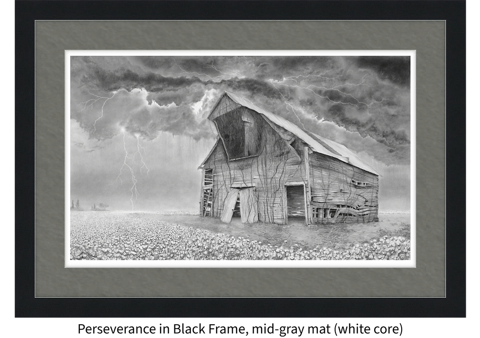 Thumbnail: RUSTIC FINE PENCIL ART - “Perseverance” (in black frame with mid-gray mat) - Christopher Schwan, artist - The 20th-century barn is the heart and soul of any farm, yet these iconic structures are rapidly disappearing from the rural landscape. Schwan’s ability to capture the true essence of these barns allows viewers to appreciate them in a unique way. This piece has appropriately been named "Perseverance"  as many of these barns have weathered the elements over the decades, but it won't be long before they are all gone. This drawing, created in graphite by artist Christopher Schwan, is available as museum-quality archival prints measuring 13 inches by 21.75 inches. Each print includes a white border around the image. They are signed and numbered individually, with only 500 prints included in this limited edition. Each limited edition print includes a Certificate of Authenticity and may be acquired as a standalone piece or ready-to-hang option for your convenience.