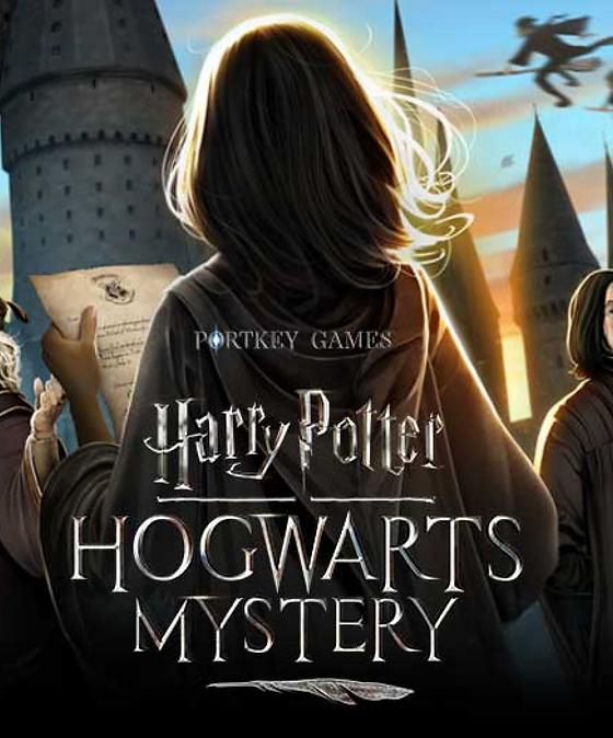 Harry Potter Hogwats Mystery app name with the back of a person's head in the background.