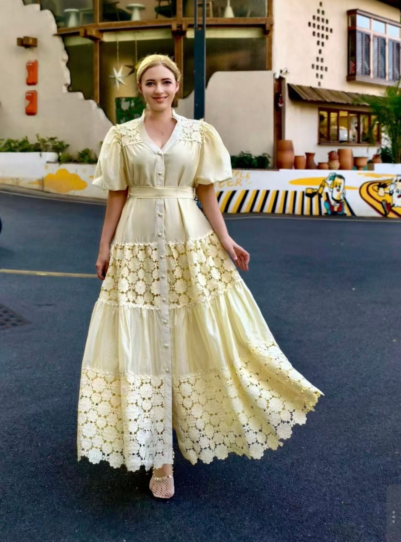 Elegant Butter Yellow Lace Tiered Maxi Dress