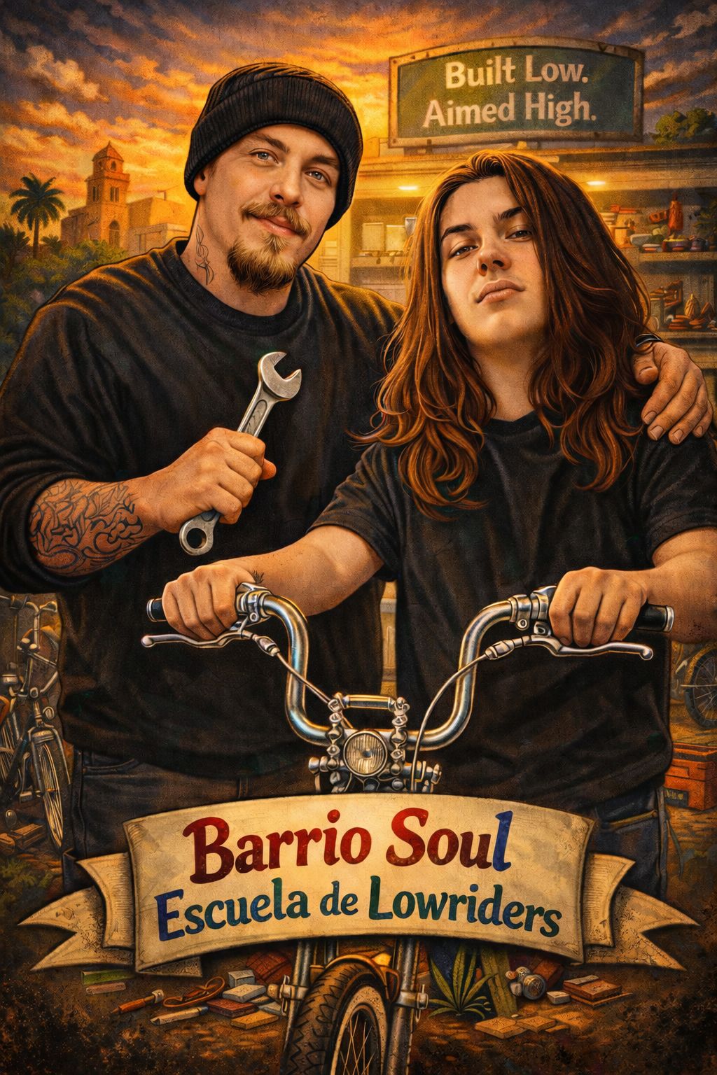 Barrio Soul Escuela de Lowriders poster showing cultural lowrider bike and figures at sunset