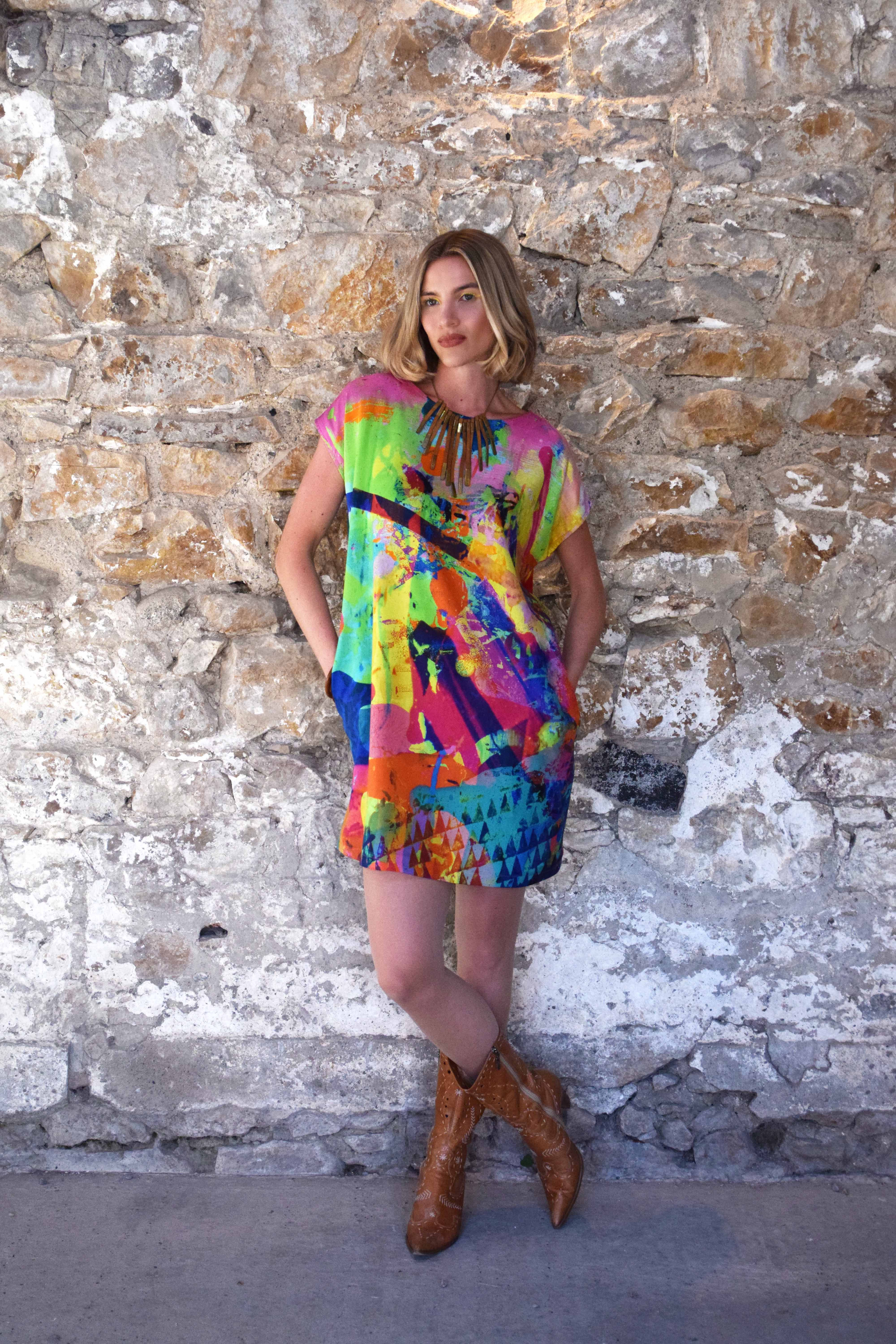 100% Silk Shift Dress Multi coloured