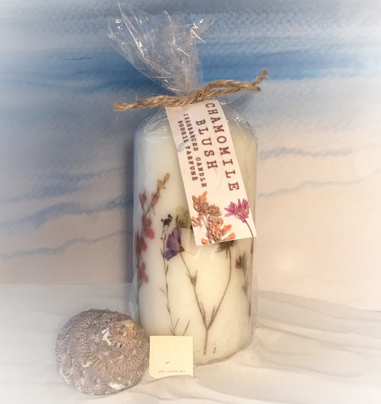 Floral Design Pillar Candle - 'Chamomile Blush'