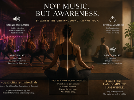 Yoga class without music showing a woman sitting in meditation with contrast between external stimulation and internal awareness, highlighting breath awareness, silence in yoga practice, and authentic yoga teaching principles