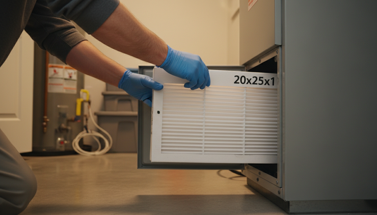 Eye-level view of a homeowner replacing a furnace filter in a utility room.