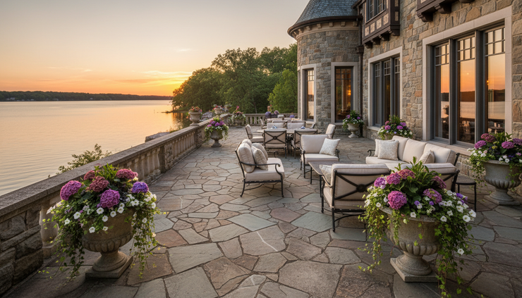 Close-up view of a stone terrace overlooking a peaceful lake at sunset.