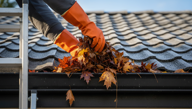 Close-up view of gloved hands clearing leaves from a rain gutter.