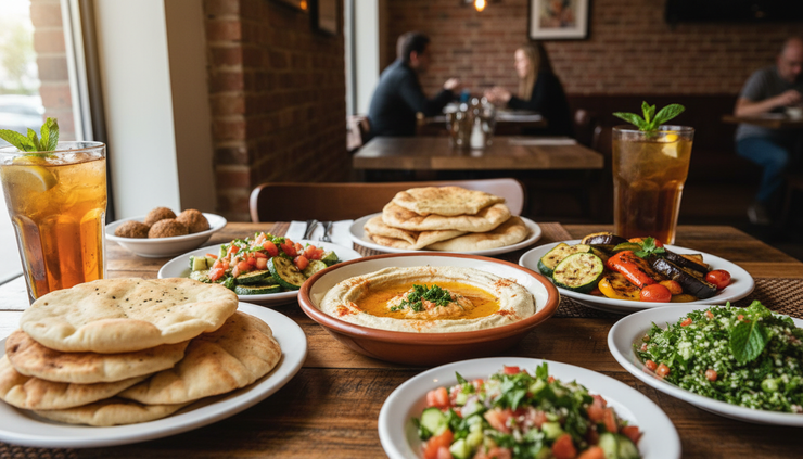 Close-up view of a casual restaurant table with Mediterranean food in West Bloomfield.