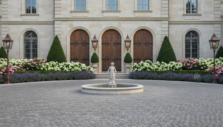 Eye-level view of an elegant stone entry with arched doors and landscaped gardens.