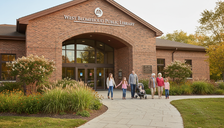 Eye-level view of a public library entrance in a suburban Michigan community.