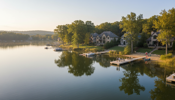 Wide-angle view of a calm Michigan lake bordered by trees and elegant homes.