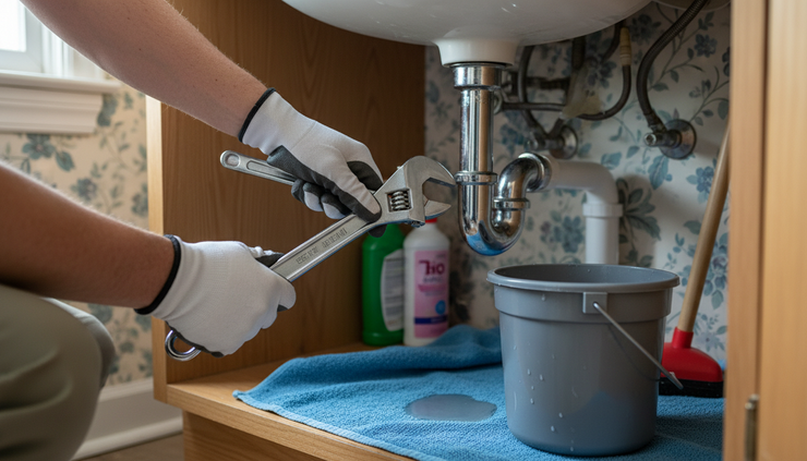 Close-up of a plumber's hands tightening a pipe fitting under a sink.