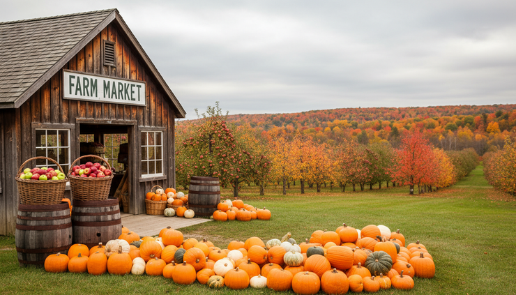 Wide-angle view of pumpkins and apple trees beside a rustic farm market