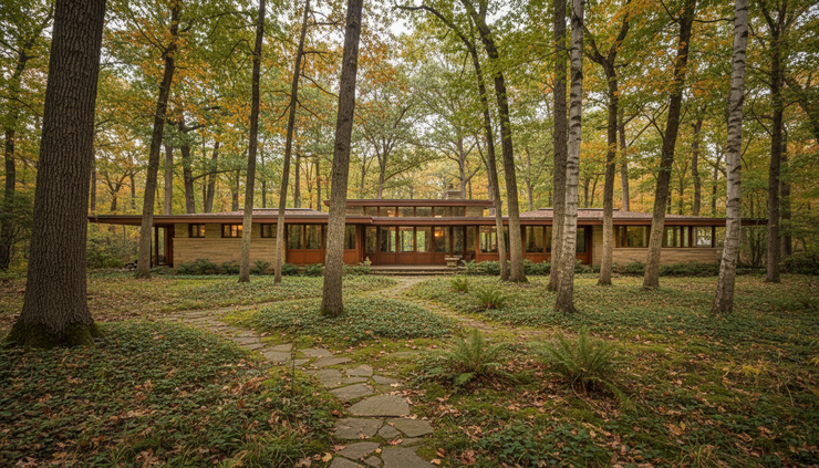 Wide-angle view of a wooded backyard with a low modern home in the background.