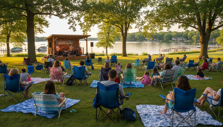 Close-up view of a small outdoor community concert with families sitting on lawn chairs near trees.