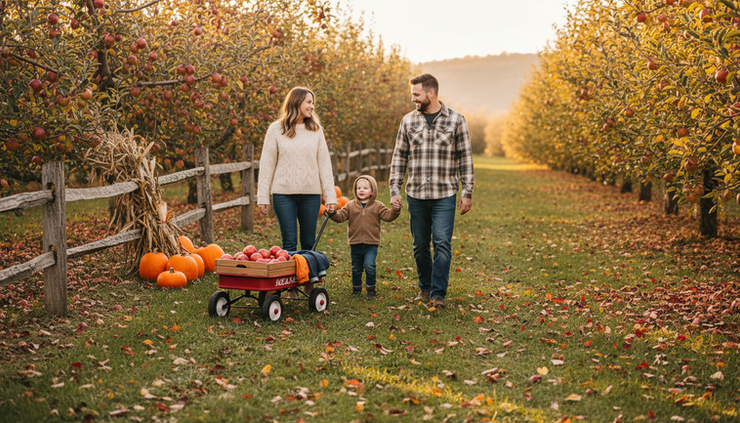 Eye-level view of a family walking through apple trees with a red wagon