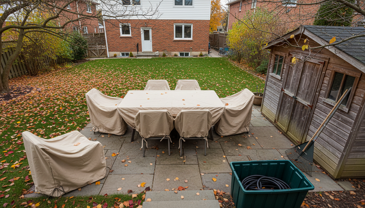 High-angle view of patio furniture being covered beside a leaf-covered yard.