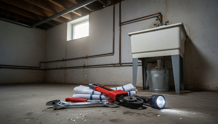 Wide-angle view of plumbing tools beside a basement utility sink.